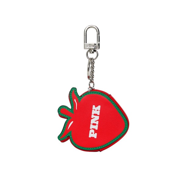 🍓PINK VICTORIA’S SECRET Zip Pouch Keychain Bag Charm Strawberry Bright Red - Picture 9 of 9